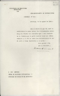 Circular N° 63, 1950 ago. 10, Santiago [a] los señores Jefes de Misiones Diplomáticas y Consules de Chile en el exterior