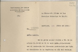 [Memorandum] N° 006689, 1948 jun. 18, Santiago, [Chile] [al] Señor Cónsul de Chile, Santa Bárbara, EE.UU.