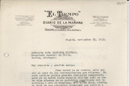 [Carta] 1935 nov. 18, Bogotá [a] Gabriela Mistral, Lisboa, Portugal
