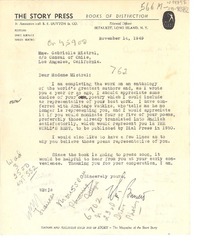 [Carta] 1949, nov. 14, Long Island, N.Y., [Estados Unidos] [a] Gabriella Mistral, Los Angeles, California, [Estados Unidos]