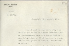 [Oficio] N° 656423, 1949 ago. 30, México, D.F., México [a la] Señorita, Gabriela Mistral, Cónsul de Chile en Comisión, Jalapa, Ver., [México]