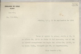[Oficio] N° 732484, 1949 sept. 21, México, D.F., México [a la] Señorita, Gabriela Mistral, Cónsul de Chile en Comisión, Jalapa, Ver., [México]