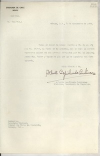 [Oficio] N° 911703, 1949 nov. 4, México, D.F., México [a la] Señorita, Gabriela Mistral, Cónsul de Chile en Comisión, Jalapa, Ver., [México]