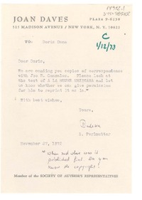 [Carta] 1972 nov. 27, [New York, Estados Unidos] [a] Doris Dana, [Estados Unidos]