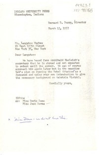 [Carta] 1957 mar. 13, Bloomington, Indiana, [Estados Unidos] [a] Langston Hughes, con copia a Doris Dana y Joan Daves, New York, [Estados Unidos]