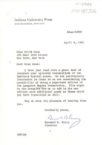 [Carta] 1961 apr. 4, Bloomingston, Indiana, [Estados Unidos] [a] Doris Dana, [New York, Estados Unidos]
