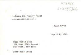 [Carta] 1961 apr. 4, Bloomingston, Indiana, [Estados Unidos] [a] Doris Dana, [New York, Estados Unidos]