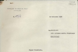 [Oficio] N° 173G, 1952 sett. 19, Nápoles, Italia [al] Sr. Presidente Ente Autonómo Mostra D'Oltremare, Napoli, [Italia]