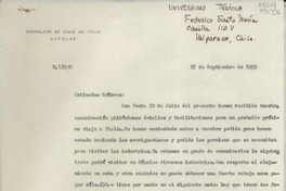 [Oficio] N° 110G, 1952 sept. 27, Nápoles, Italia [a los] Estimados Señores [Universidad Técnica Federico Santa María, casilla 110 V, Valparaíso, Chile]