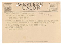 [Telegrama] 1947 Apr. 11, Los Angees [i.e. Angeles], Calif., [EE.UU.] [a la] Cónsul de Chile, Gabriela Mistral, 1305 Buena Vista St., [EE.UU.]