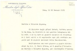 [Carta] 1951 genn. 15, Roma, [Italia] [a la] Signora Gabriella [i.e. Gabriela] Mistral, Console del Cile, Rapallo, [Italia]