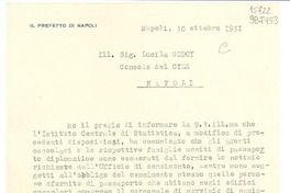 [Carta] 1951 ott. 30, Napoli, [Italia] [a] Ill. Sig. Lucila Godoy, Console del Cile, Napoli