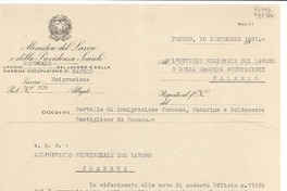 Cartelle di inmigrazione Tommasa, Caterina e Baldassare Castiglione da Paceco [al] l'Ufficio Regionale del Lavoro e della Massima Occupazione, Palermo, [Italia]