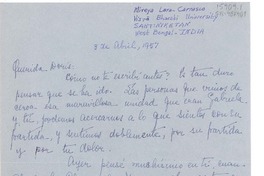 [Carta] 1957 abr. 3, Visva Bharati University, Santikiketan, West Bengal, India [a] Doris Dana, [New York, Estados Unidos]