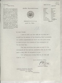 [Carta] 1946 Apr. 15, Washington, D. C., E.U.A. [a la] Señorita Gabriela Mistral, Consulate of Chile, Los Angeles, California, [EE.UU.]