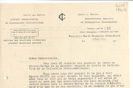 [Carta] 1934 mar. 8, Paris, [Francia] [a] Mademoiselle Gabriela Mistral, Consulat du Chili, Madrid
