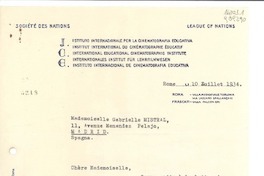[Carta] 1934 juil. 10, Rome, [Italie] [a la] Mademoiselle Gabrielle [i.e. Gabriela] Mistral, 11, Avenue Menendez Pelajo, Madrid, Spagna