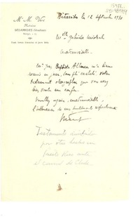 [Carta] 1930 sept. 12, Bédarrides, Vaucluse, [Francia] [a] Gabriela Mistral