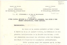 [Carta] 1934 oct. 16, Paris, [Francia] [a] Mademoiselle Gabriela Mistral, Consul du Chili á Madrid, Consulat du Chili, Madrid