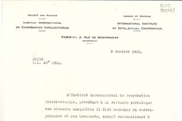 [Carta] 1936 janv. 8, Paris, [Francia] [a] Mademoiselle Gabriela Mistral, Consulat du Chili, Madrid