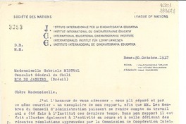 [Carta] 1937 oct. 30, Rome, [Italia] [a] Mademoiselle Gabriela Mistral, Consulat Général du Chili, Río de Janeiro