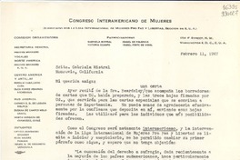 [Carta] 1947 feb. 11, Washington D. C., [Estados Unidos] [a] Srita. Gabriela Mistral, Monrovia, California