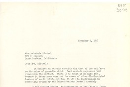 [Carta] 1947 Nov. 5, [Estados Unidos] [a] Mrs. Gabriela Mistral, 729 E. Anapamu, Santa Barbara, California