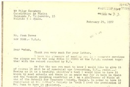 [Carta] 1972 Feb. 29, Catedrático de Música, Raimundo F. Villaverde, 15, Madrid 3, Spain [a] Ms. Joan Daves, New York, U.S.A.
