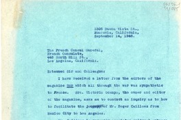 [Carta] 1946 Sept. 14, 1305 Buena Vista St., Monrovia, California, [EE.UU.] [a] The French Consul General, French Consulate, 448 South Hill St., Los Angeles, California, [EE.UU.]