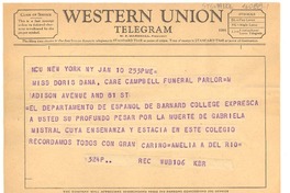 [Telegrama] 1957 jan. 10, New York, [Estados Unidos] [a] Doris Dana, New York, [Estados Unidos]