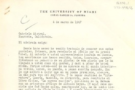 [Carta] 1947 mar. 4, [Florida, Estados Unidos] [a] Gabriela Mistral, Monrovia, California, [Estados Unidos]