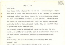 [Carta] 1971 July 23, [Estados Unidos] [a] Dear Doris
