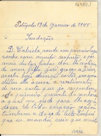 [Carta] 1945, jan. 19 Petrópolis, [Brasil] [a] Gabriela [Mistral]