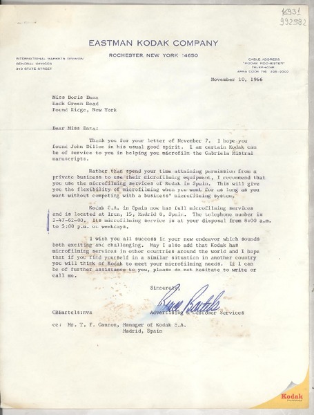 [Carta] 1966 Nov. 10, [Estados Unidos] [a] Miss Doris Dana, Hack Green Road, Pound Ridge, New York