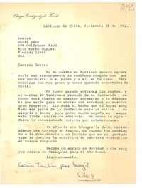[Carta] 1992 dic. 18, Santiago, Chile [a la] Señora Doris Dana, 600 Gulfshore, Blud North Naples, Florida 33940, USA