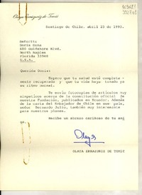 [Carta] 1993 abr. 23, Santiago de Chile [a] Señorita Doris Dana, 600 Gulf Shore Blvd. North Naples, Florida, USA