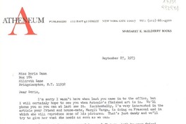 [Carta] 1973 Sept. 27, Atheneum publishers 122 East 42 Street, New York City 10017, [EE.UU.] [a] Miss Doris Dana, Box 784, Hildreth Lane, Bridgehampton, N. Y. 11932, [EE.UU.]