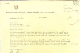 [Carta] 1971 Sept. 22, [Baltimore, Maryland, Estados Unidos] [a] Joan Daves, New York