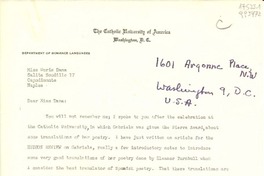 [Carta] The Catholic University of America, Department of Romance Languages, Washington D. C., [EE.UU.] [a] Miss Doris Dana, Salita Scudillo 17, Capodimonte, Naples, [Italia]