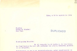 [Carta] 1954 ago. 20, Lima, [Perú] [a] Gabriela Mistral, new York