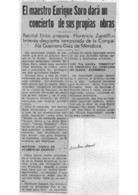EL maestro Enrique Soro dará un concierto de sus propias obras Recital lírico preprara Florencio Zanelli.