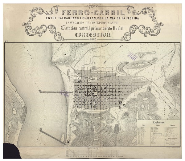 Ferro-carril entre Talcahuano i Chillán, por la vía de La Florida i navegación de Concepción a Angol Estación central, i primer puerto fluvial. Concepción