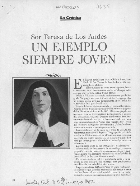 Sor Teresa de Los Andes un ejemplo siempre joven  [artículo] M. Isabel Fernández.