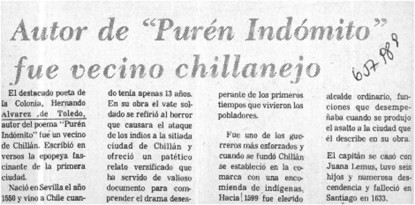 Autor de "Purén indómito" fue vecino chillanejo.  [artículo]