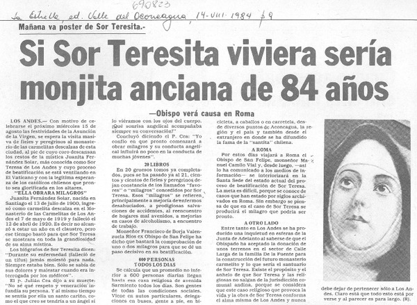 Si Sor Teresita viviera sería monjita anciana de 84 años.