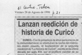 Lanzan reedición de historia de Curicó  [artículo].