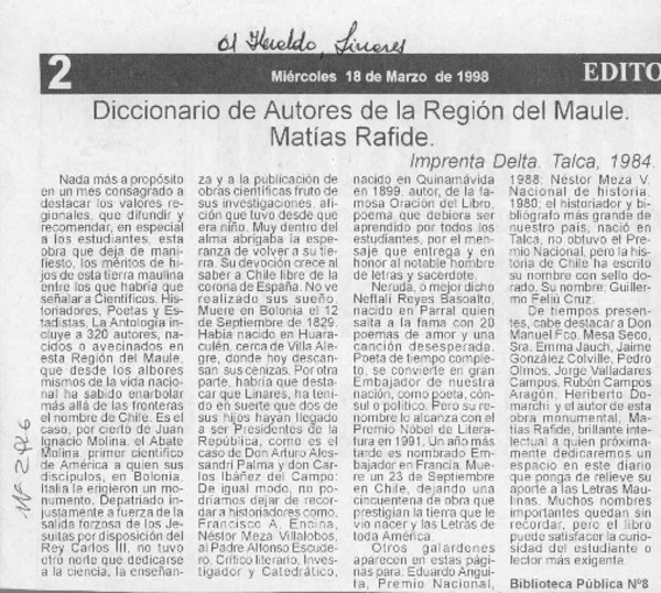 Diccionario de autores de la región del Maule  [artículo].