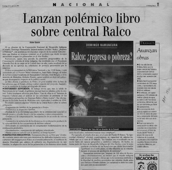 Lanzan polémico libro sobre central Ralco  [artículo] Víctor Osorio.