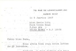 [Carta] 1967 jan. 5, Kléber, Francia [a] Doris Dana, Pound Ridge, New York