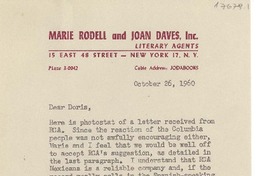 [Carta] 1960 oct. 26, New York [a] Doris Dana, Pound Ridge, N.Y.
